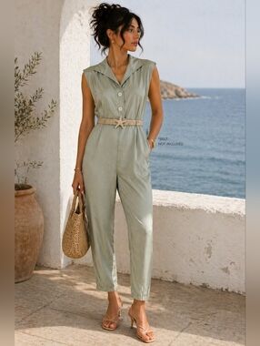 Zara Sage Green Utility Jumpsuit NWT Cropped Relaxed 4